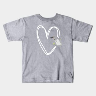 cute ghost catching a bat in a white heart Kids T-Shirt